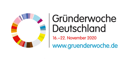 Logo mit dem Schriftzug Gründerwoche Deutschland vom 16. - 22. November 2020 und Weblink www.gruenderwoche.de
