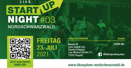 Einladungsflyer zur Startup Night Nordschwarzwald am 23.07.2021 im Beach 21 in Nagold.
