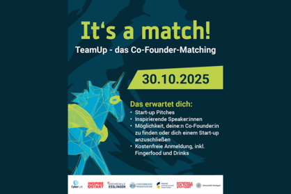Veranstaltungshinweis für die Netzwerk- und Matchingveranstaltung TeamUp vom CyberLab am 30. Oktober 2025 in Esslingen.