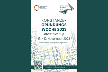 Veranstaltungsflyer mit Text: Konstanzer Gründungswoche 2023 #howtostartup, 13.- 17. November 2023. 