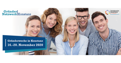 Eine Gruppe jungen Frauen und Männern, die freundliche in die Kamera blicken als Einladung zur Gründerwoche Konstanz vom 16.-20. November 2020.
