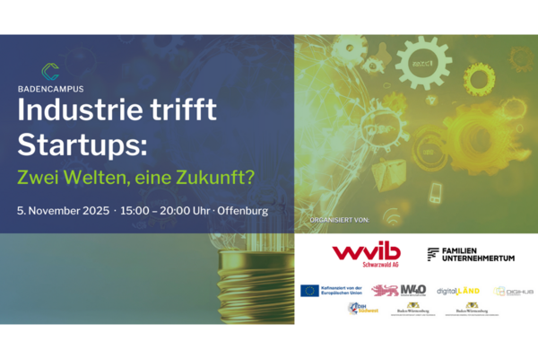 Veranstaltungshinweis für die Informationsveranstaltung “Industrie trifft Startups” am 05.11.2025 in Offenburg.