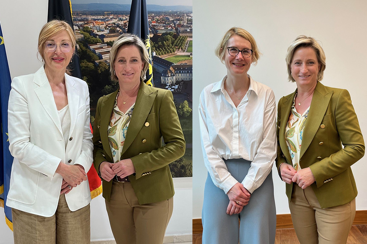 Aufnahme von Wirtschaftsministerin Dr. Nicole Hoffmeister-Kraut gemeinsam mit EU-Kommissarin Ekaterina Zaharieva und der stellvertretenden Kabinettschefin Estelle Göger im Rahmen des Austauschs in Brüssel am 26. Juni 2025. 