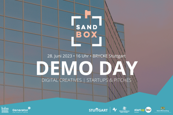 Event-Banner Sandbox Demo Day. Text: 28. Juni, 16 Uhr, BRYCKE Stuttgart, DEMO DAY, Digital Creatives, Start-ups, Pitches, www.sandbox-stuttgart.de. Logos: Hochschule der Medien Stuttgart, Generator Hochschule der Medien, Stadt Stuttgart, Wirtschaftsförderung Region Stuttgart, Start-up BW, Wirtschaftsministerium Baden-Württemberg.