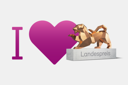 Key Visual zum Landespreis für junge Unternehmen mit den Buchstaben I einem Herz und der Löwen-Trophäe für den Landespreis für junge Unternehmen. Bildrechte: L-Bank 