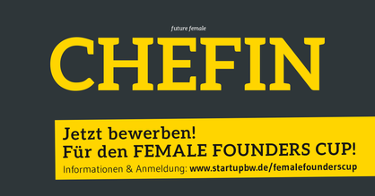 Einladung zum FEMALE FOUNDERS CUP am 30. November 2020. Gelbe Schrift auf grauem Hintergrund.