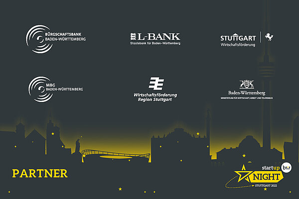 Übersicht mit den Logos aller Partner der Start-up BW Night 2022. Logos: Bürgschaftsbank Baden-Württemberg, L-Bank, Wirtschaftsförderung Stuttgart, MBG Baden-Württemberg, Wirtschaftsförderung Region Stuttgart, Wirtschaftsministerium Baden-Württemberg. 