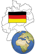 Illustration von einer Deutschlandkarte, mit der Deutschlandflagge und der Erdkugel.