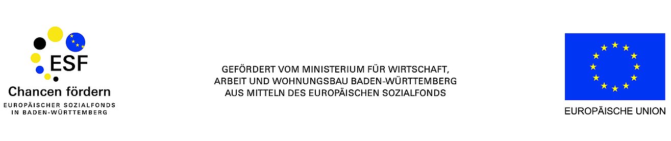 Drei Logos. Logo 1: Logo des ESF - Europäischer Sozialfonds in Baden-Württemberg. Logo 2: Gefördert vom Ministerium für Wirtschaft, Arbeit und Wohnungsbau Baden-Württemberg aus Mitteln des Europäischen Sozialfonds. Logo 3: Logo der Europäischen Union.