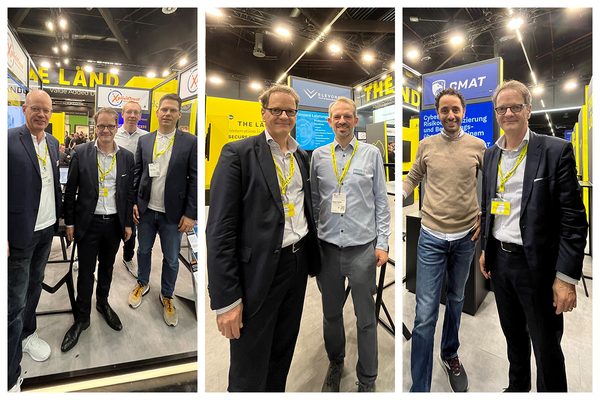 Ministerialdirektor Michael Kleiner besucht die geförderten Start-ups aus THE LÄND am baden-württembergischen Gemeinschaftsstand auf der it-sa 2024 in Nürnberg. Von links nach rechts: Xplicit Trust GmbH, Elevonet GmbH und CodeCooperation GmbH. Bildrechte: Baden-Württemberg International (BW_i).