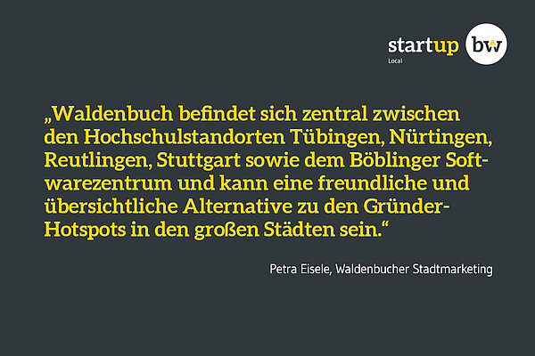 Gelbe Schrift mit Zitat von Petra Eisele vom Stadtmartketing Waldenbuch auf dunkelgrauem Hintergrund.