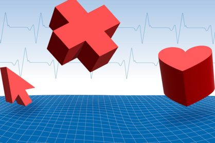 Key Visual für Games im Gesundheitswesen (GiG). Zu sehen ist eine grafische Darstellung mit roten 3D-Symbole - einem Herz, einem x und einem Pfeil. Im Hintergrund ist eine blaue Herzschlaglinie und ein karierter Rasterboden abgebildet.