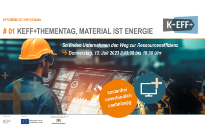 Event-Flyer für den KEFF+Thementag am 13. Juli 2023. Text: Effizienz ist Ihr Gewinn, #01 KEFF+THEMENTAG, Material ist Energie, So finden Unternehmen den Weg zur Ressourceneffizienz, Donnerstag 13. Juli 2023, 13:30 bis 18:30 Uhr.