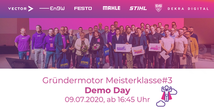 Gruppenbild mit den Teilnehmenden der Veranstaltung Gründermotor Demo Day. Das Bild wurde pink eingefärbt.