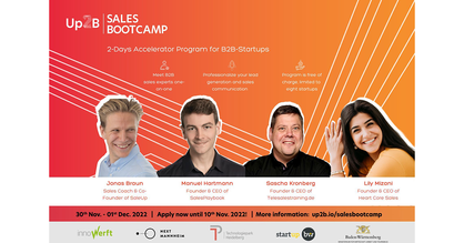 Flyer für das Up2B Accelerator "Sales Bootcamp" im November/Dezember 2022. Auf dem Flyer sind vier Sales-Coaches abgebildet. 