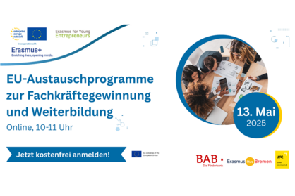 Key Visual zur Online-Informationsveranstaltung zum EU-Austauschprogramm “Erasmus for Young Entrepreneurs” am 13. Mai 2025. 