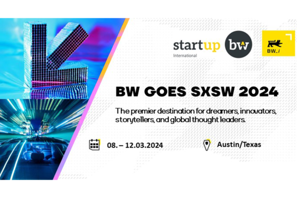 Key Visual für die Akquise von Teilnehmenden für die Delegationsreise “BW goes SXSW 2024”. Text: The premier destination for dreamers, innovators, storytellers and global thought leaders, 08.-12.03.2024, Austin, Texas.