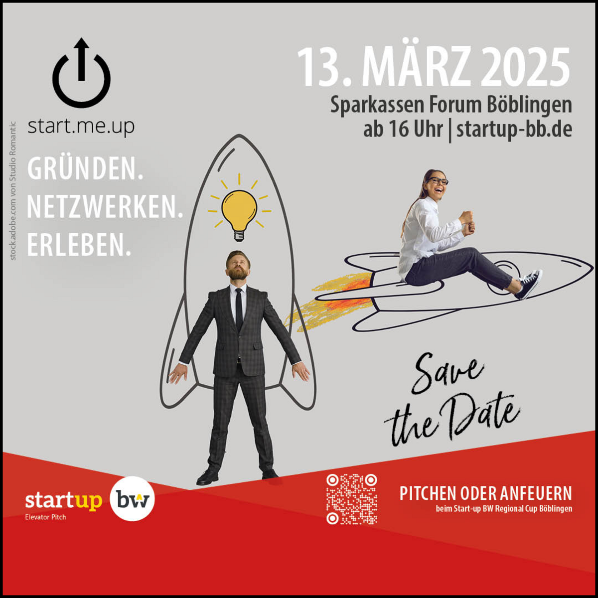 Veranstaltungshinweis für den Start-up BW Elevator Pitch Regional Cup Böblingen im Rahmen der Gründungsveranstaltung start.me.up. Bewerbungen ab sofort möglich.