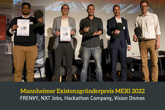 Siegerfotos der Gründer von FENVY, NXT Jobs, Hackathon Company und Vision Domes beim Mannheimer Existenzgründerpreis MEXI 2022. Bildrechte: Tröster