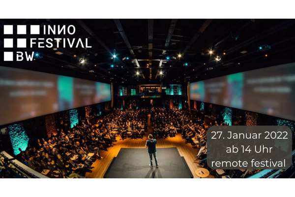 Event-Flyer für das diesjährige INNO Festival BW. Text: 27. Januar 2022 ab 14 Uhr, remote festival.