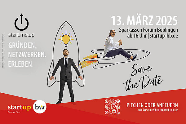 Veranstaltungshinweis für start.me.up mit Start-up BW Elevator Pitch Regional Cup Böblingen am 13.03.2025.