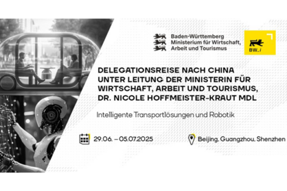 Key Visual von Baden-Württemberg International (BW_i) für die Delegationsreise nach China zu den Themen intelligente Transportlösungen und Robotik im Juni und Juli 2025. 