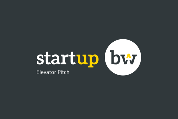 Logo Start-up BW Elevator Pitch auf grauem Hintergrund.