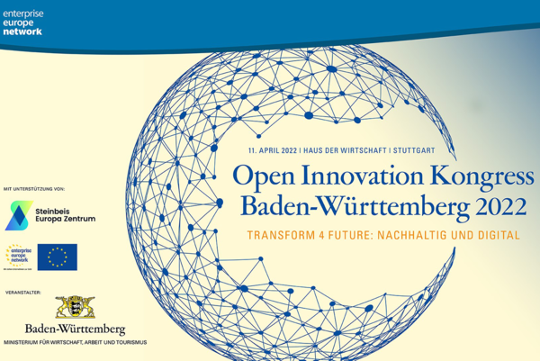 Visual zum Open Innovation Kongress. Blaue Schrift auf gelbem Hintergrund: "Open Innovation Kongress Baden-Württemberg 2022"