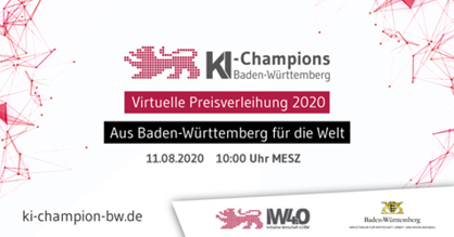 Einladung zum Online-Event Preisverleihung KI-Champions. Logos des Wirtschafsministeriums und den KI-Champions. Schwarze und weiße Schrift auf überwiegend weißem Hintergrund.