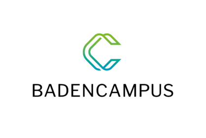 Logo BadenCampus. Grün-blauer Buchstabe C und schwarze Schrift "BadenCampus".