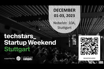 Veranstaltungsflyer zum Techstars Startup Weekend vom 1.-3. Dezember 2023.