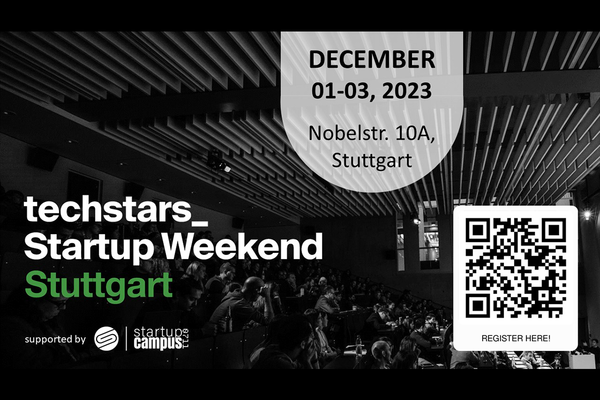 Veranstaltungsflyer zum Techstars Startup Weekend vom 1.-3. Dezember 2023.