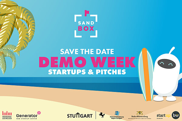 Logo für die Demo Week der Sandbox, dem Accelerator für die Kreativwirtschaft. Save the Date: Demo Week. Startups und Pitches