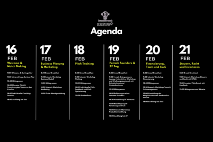 Agenda für die move+ founders week vom 16. - 21. Februar 2024 des move+ Accelerators.